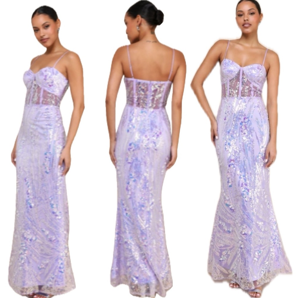 Lulu’s NWOT Perfection Seeker Lavender Iridescent Sequin Bustier Prom Maxi Dress